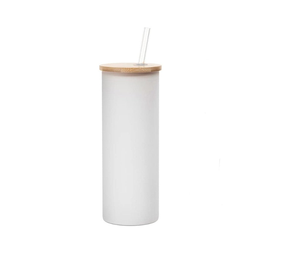 VASO DE VIDRIO TIPO SKINNY GLASEADO CON TAPA DE BAMBU Y PAJILLA - 690ML