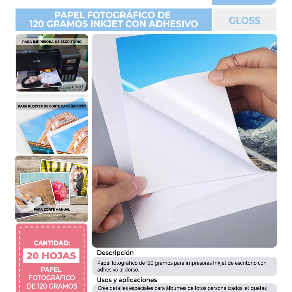 HOJAS A4 DE PAPEL FOTOGRAFICO COLOR BLANCO BRILLANTE CON ADHESIVO  (PAQUETE DE 20 UNIDADES)