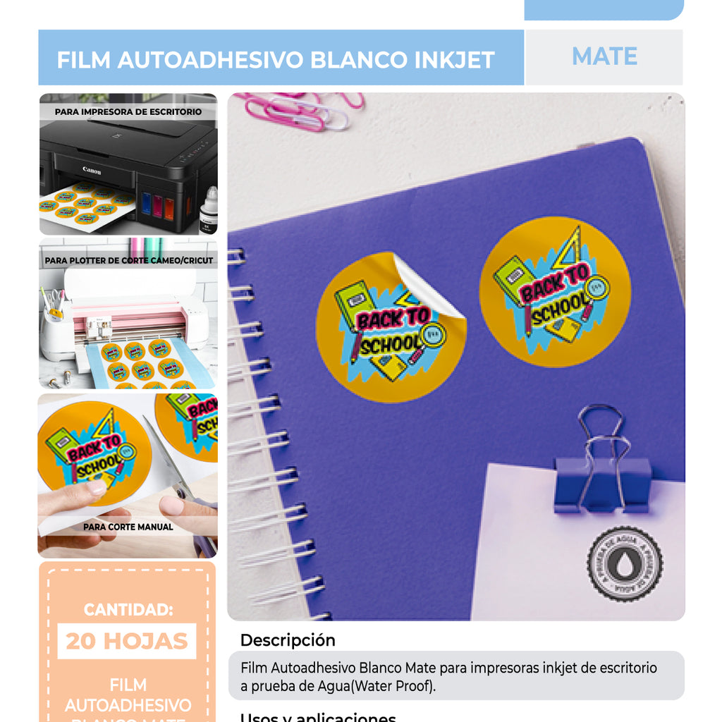 HOJAS A4 DE FILM AUTOADHESIVO COLOR BLANCO MATTE (PAQUETE DE 20 UNIDADES)