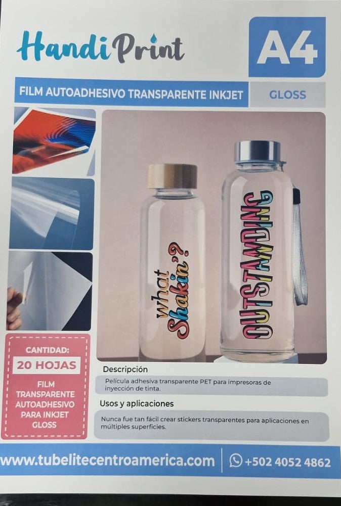 HOJAS A4 DE FILM AUTOADHESIVO TRANSPARENTE BRILLANTE  (PAQUETE DE 20 UNIDADES)